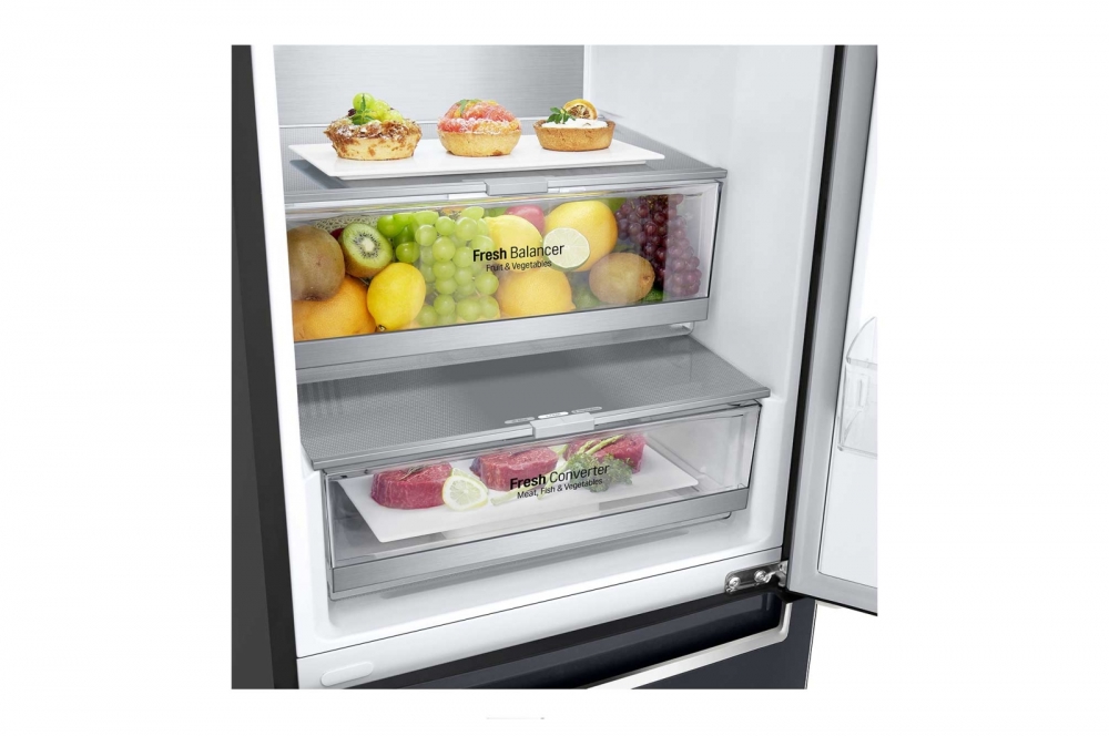 Hajm 384 l | Pastki muzlatgich kamerali LG sovutgich | Qora | DoorCooling⁺™ | Linear Inverter Compressor