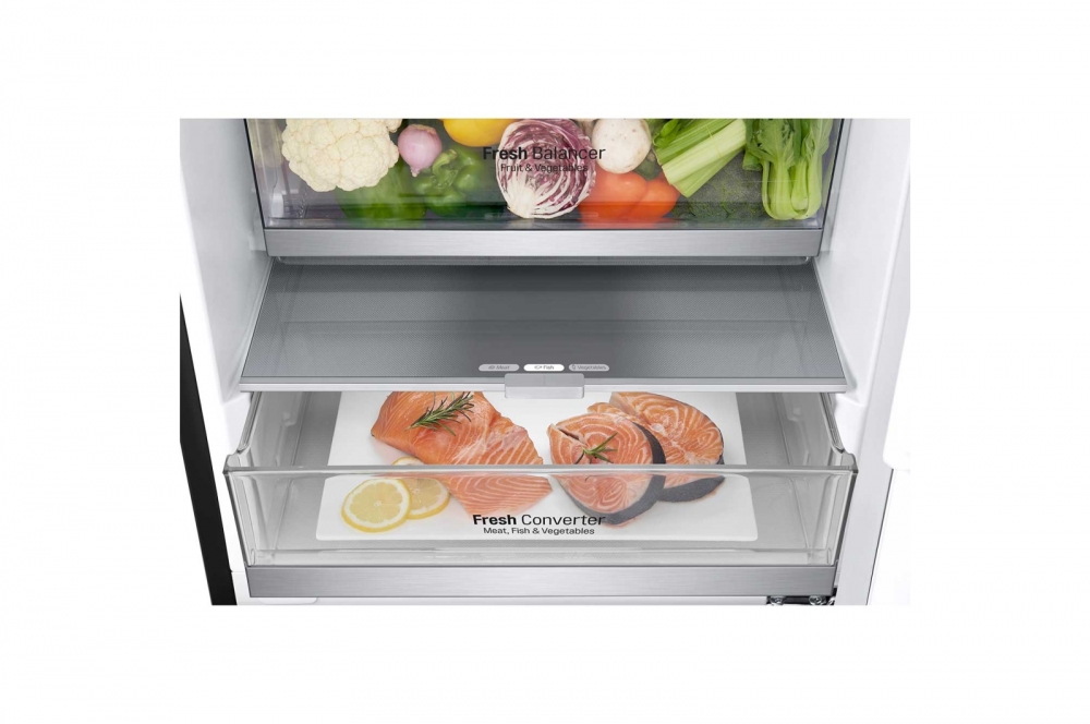 Hajm 384 l | Pastki muzlatgich kamerali LG sovutgich | Qora | DoorCooling⁺™ | Linear Inverter Compressor